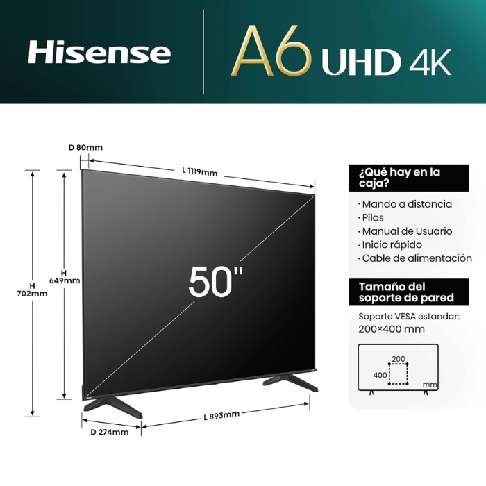 PANTALLA HISENSE 4K SMART VIDAA 50A6NV T/1 - Image 3