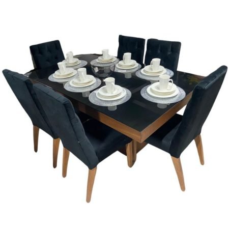 COMEDOR LEXA BLACK MELAMINA TZALAM 6S DENEB CAPITONEADA