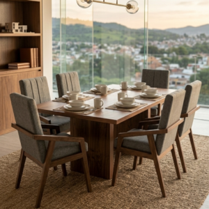 COMEDOR LOMA ALTA SIRIUS NOGAL NATURAL C/PEDESTAL 180*110 6/S PORTHOS NOGAL CLARO RIBEIRA OXFORD ABULLONADO T/1
